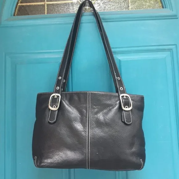 Pebbled Leather Purse Shoulder Bag Genuine Black Leather Adjustable Straps - Picture 3 of 16